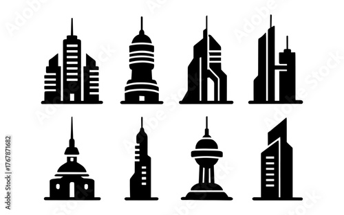 Black city skyline icon set featuring modern skyscrapers, towers, and high-rise buildings in urban architecture silhouettes.