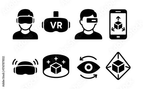 Black icon set of virtual reality and augmented reality symbols including VR headsets, AR glasses, 3D interaction, and immersive tech.