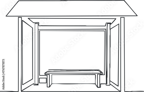 A minimalist line art illustration of a simple open shelter with a bench inside.