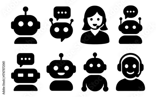 Collection of black chatbot and customer support icons featuring AI robots, call center agents, and speech bubbles.