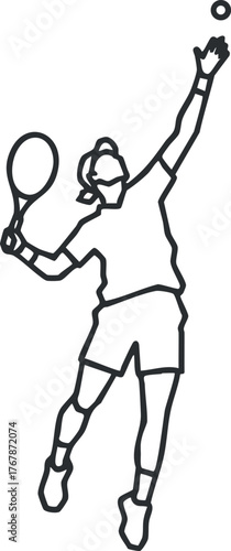 A dynamic illustration of a tennis player in action serving a ball on the court.
