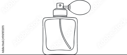 A minimalist line drawing of a classic perfume bottle with a spray nozzle.