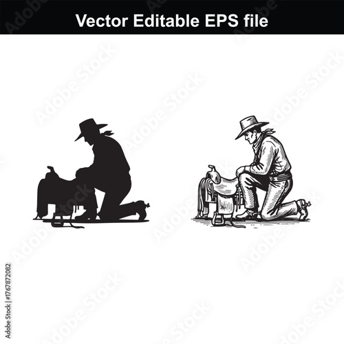 Cowboy kneeling and working on a saddle, silhouette and detailed illustration