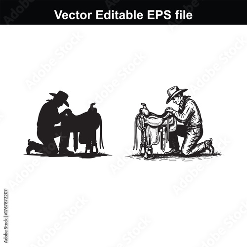 Cowboy kneeling and adjusting saddle, and detailed illustration of cowboy adjusting saddle on horse