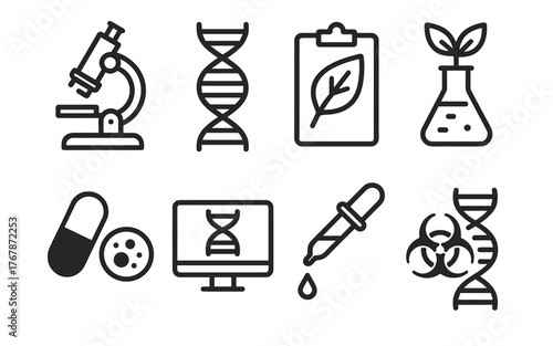 Set of outlined black science icons including microscope, DNA, lab equipment, and biotechnology symbols.
