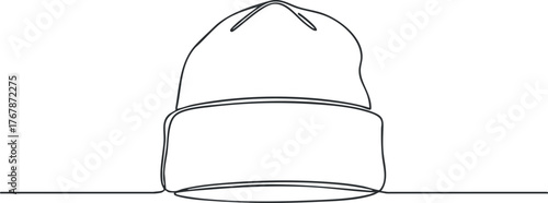 Minimalist line art illustration of a cozy beanie hat on a flat surface.