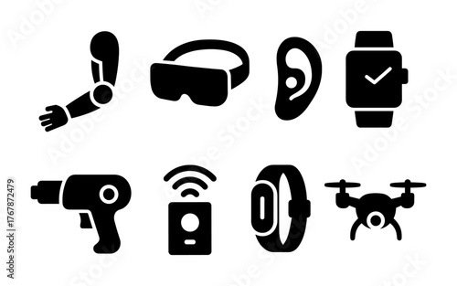 Set of wearable technology icons including smartwatch, VR headset, fitness tracker, earbuds, and smart glove.
