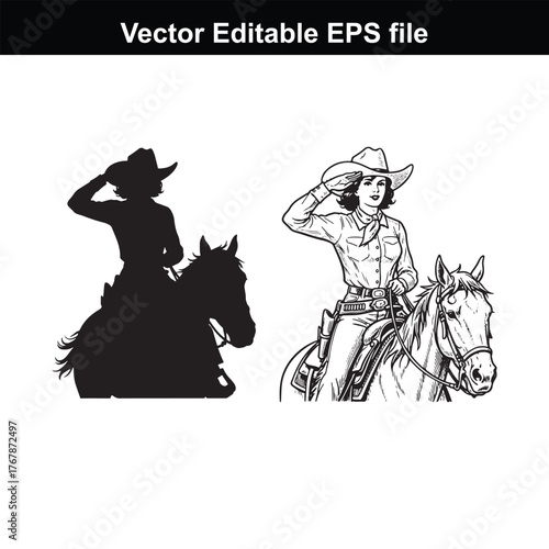 Cowgirl on horseback, silhouette and detailed illustration