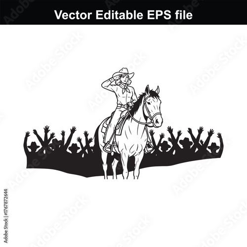 Cowgirl on horseback with cheering crowd silhouette