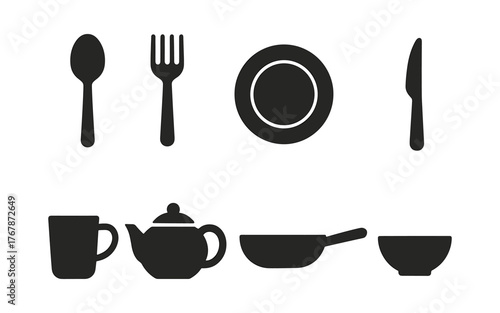 Black kitchen utensil and dishware icons including spoon, fork, knife, plate, cup, teapot, and frying pan.