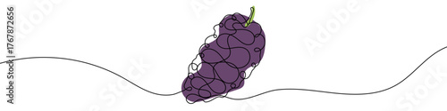 Mulberry in one line art style. Drawing of a whole mulberry fruit with a stem, with editable black stroke and color on white background. Vector illustration.