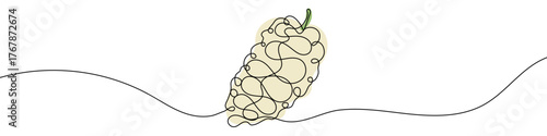 Mulberry in one line art style. Drawing of a whole mulberry fruit with a leaf, with editable black stroke and color on white background. Vector illustration.