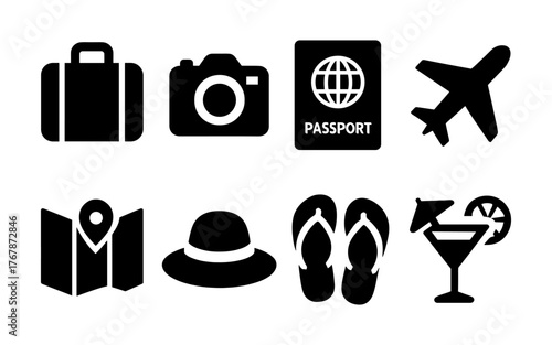 Travel and vacation icon set with suitcase, camera, passport, airplane, map, hat, flip flops, and cocktail in black silhouette style.