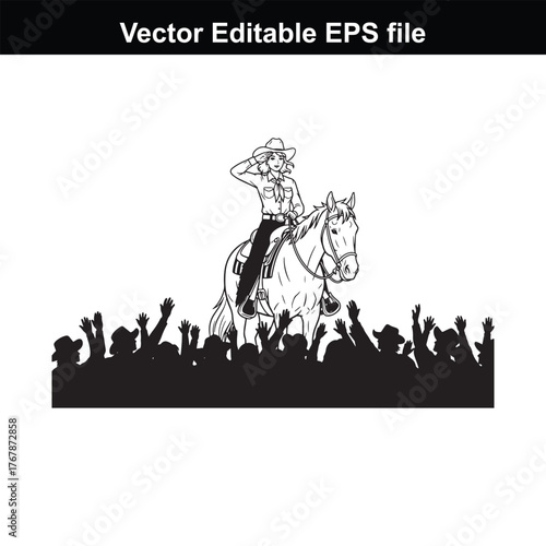 Cowgirl on horse saluting crowd, vector illustration