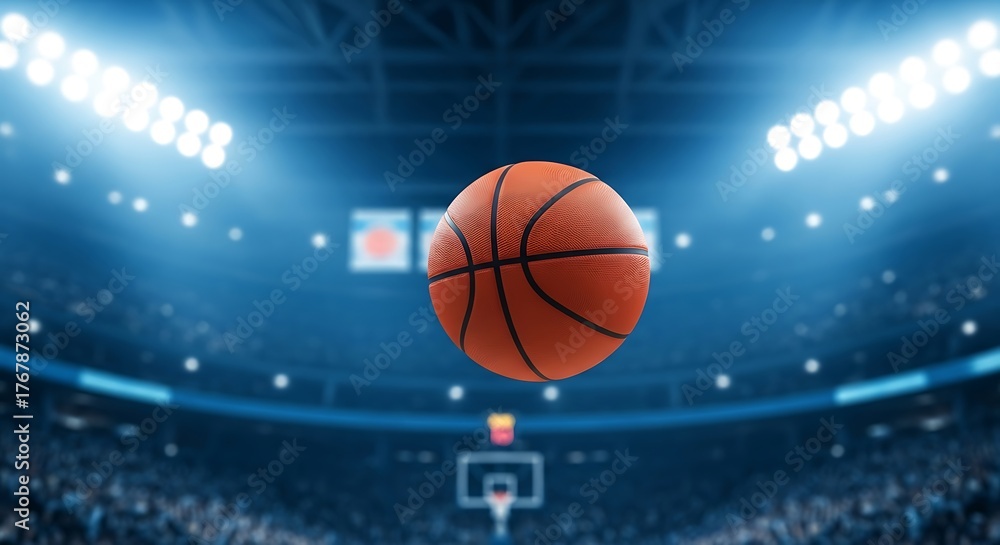 Obraz premium Basketball in midair at a stadium with bright lights and a crowd in the background at a sporting event