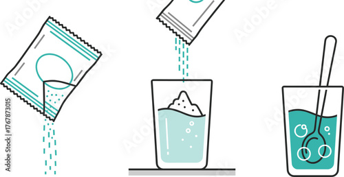 Cartoon step-by-step guide showing how to prepare powdered drink by pouring mix into water and stirring with bubbles