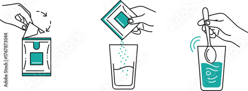 Cartoon step-by-step guide showing how to prepare powdered drink by cutting sachet, pouring into water, and stirring