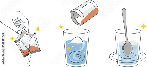 Cartoon step-by-step guide showing how to prepare powdered drink by pouring mix into water and stirring with spoon