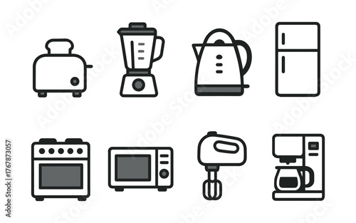 Kitchen appliances icon set with toaster, blender, electric kettle, refrigerator, stove, microwave, hand mixer, and coffee maker in flat black style.