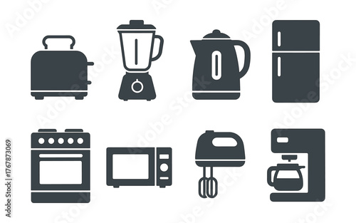 Kitchen appliances icon set with toaster, blender, electric kettle, refrigerator, stove, microwave, hand mixer, and coffee maker in flat black style.