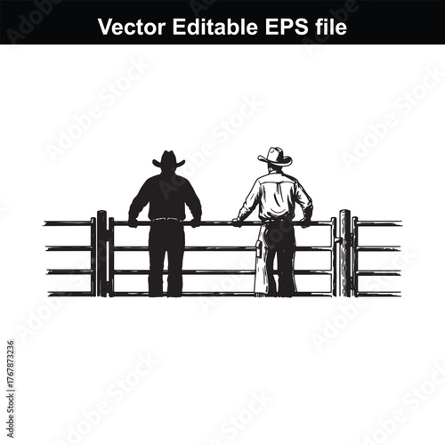 Two cowboys stand leaning on a fence, silhouetted against a, representing western ranch life and camaraderie