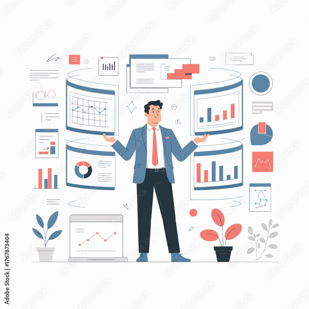 Fototapeta premium Businessman Presenting Data Analytics and Business Intelligence with Charts and Graphs