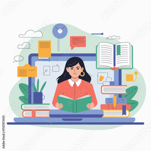Woman Reading Book with Digital Learning Elements – Online Education and Knowledge