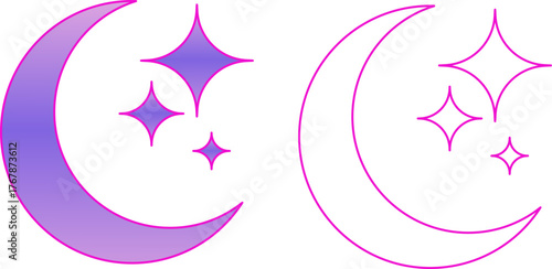 Aesthetic image of a crescent moon and shining stars in two styles, one with a purple gradient fill and the other as a pink outline, symbolizes night, magic, or dream mode