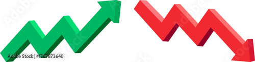 Two 3D wavy arrows, one green pointing up and the other red pointing down, representing stock market trends, data fluctuations, and business performance