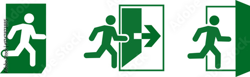 set of green emergency exit signs, concept a running man and an open door, indicates the evacuation route and compliance with fire safety, essential for public buildings