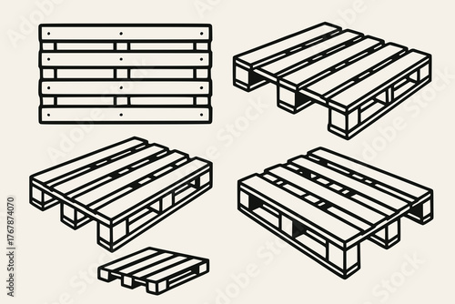 Black and white technical illustration of wooden pallets in multiple structural designs