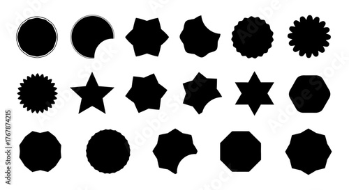 Collection of various black geometric shapes and starburst designs.