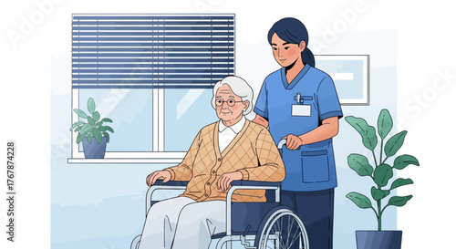 Compassionate female nurse caring for an elderly woman in a wheelchair.