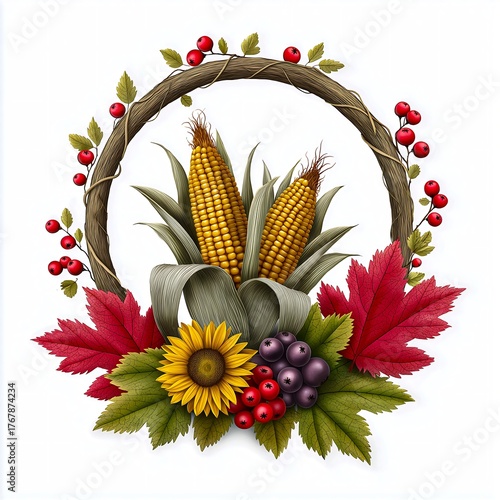 Autumn Harvest Wreath Illustration with Corn Cobs, Sunflower, Berries, and Red Maple Leaves, Isolated on White Background for Thanksgiving