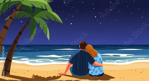 Couple enjoying a romantic night on the beach under the stars.
