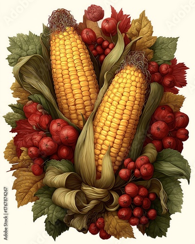 Richly Detailed Autumn Harvest Arrangement of Two Corn Cobs, Red Berries, and Colorful Leaves, Isolated on a Light Background for Thanksgiving