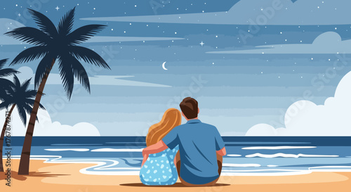 Couple Embracing on Beach Under Starry Sky - Romantic Seaside Moment.