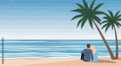 Couple sitting on beach enjoying ocean view under palm trees.