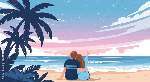 Couple sitting on beach watching sunset, romantic evening by the ocean.