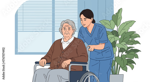 Elderly woman in wheelchair with caregiver assistance indoors.