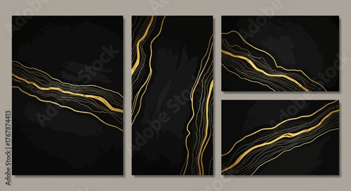 Elegant Black Background with Golden Wavy Lines and Glitter.