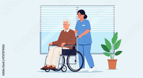 Female nurse caregiver assisting an elderly man in a wheelchair.