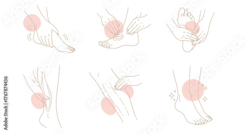 Foot pain illustration showing different areas of discomfort and injury.