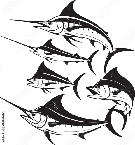 Black and white graphic illustrations of five marlin fish billfish swordfish