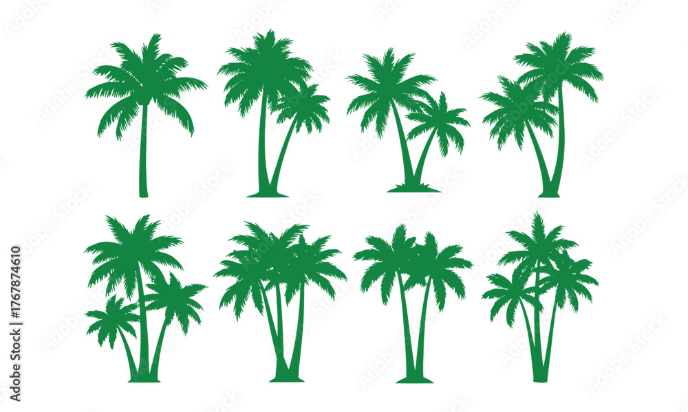 Obraz premium Green palm trees collection, tropical silhouette against a white backdrop sense of paradise