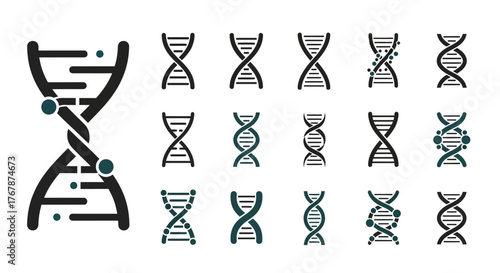Set of black DNA helix icons for science and genetics.