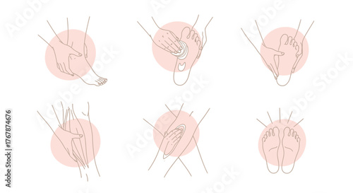 Set of six abstract illustrations of knitting yarn balls with needles.
