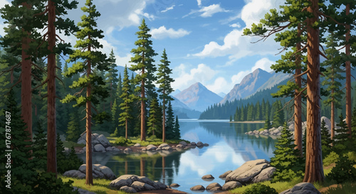 Serene Lake Surrounded by Towering Evergreen Trees in a Mountainous Landscape.