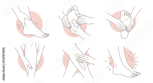 Set of six line art illustrations depicting various foot and leg massage techniques for pain relief.