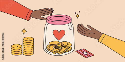 saving money together illustration financial planning couple finances collaborative budgeting charity donation jar shared savings goals teamwork
